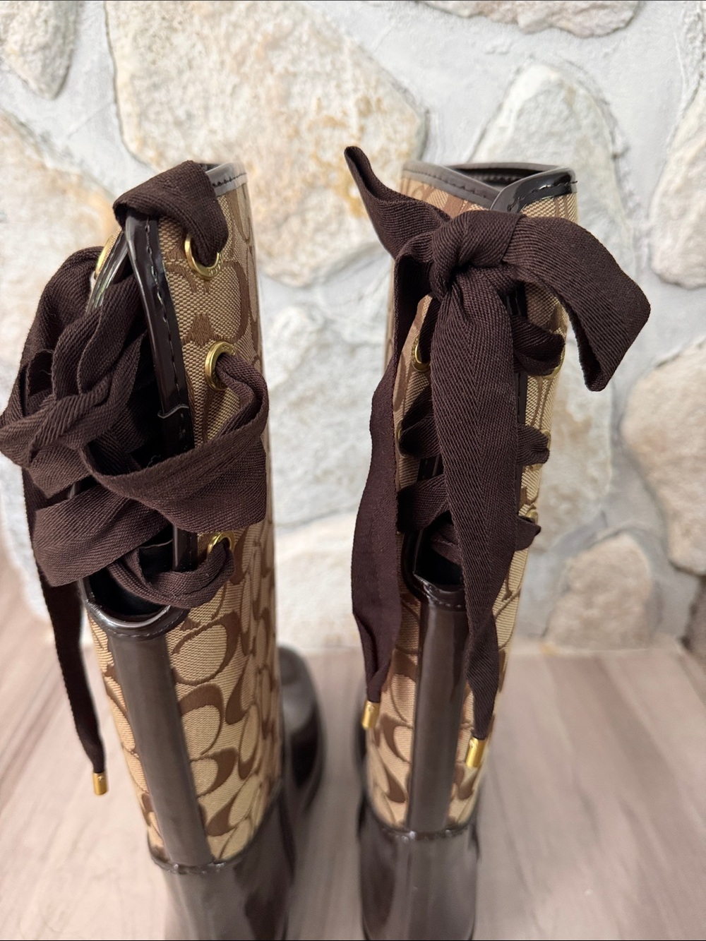 Coach Tristee Brown & Khaki Rainboot Signature Print Canvas-Shiny Rubber Size 10 - Picture 6 of 14